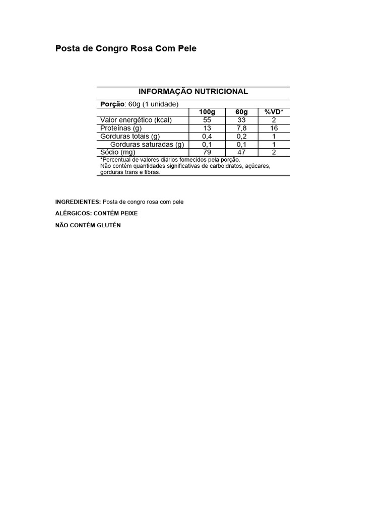 Posta de Congro Rosa: Informações Nutricionais | PDF