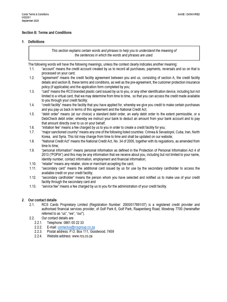 RCS Credit Card Terms & Conditions | PDF | Credit Card | Debit Card