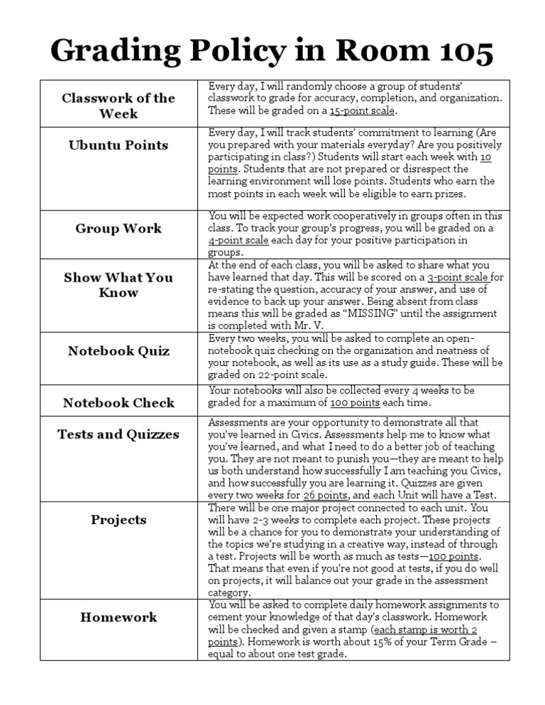 Grading Policy for Room 105 Students | PDF | Homework | Quiz