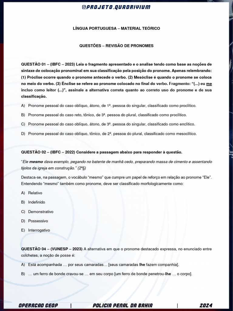 Revisão de Questões sobre Pronomes | PDF | Pronome | Tipologia linguística