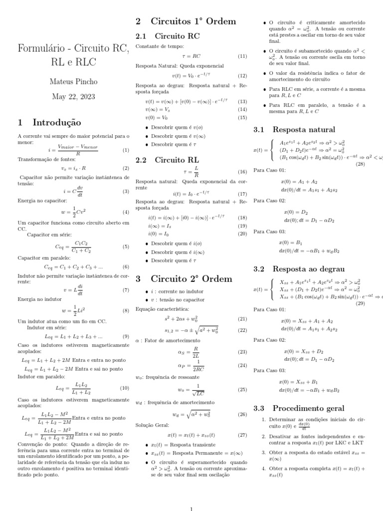 Formulario Circuito RC RL RLC-VERSAO2 | PDF | Rede elétrica | Indutor