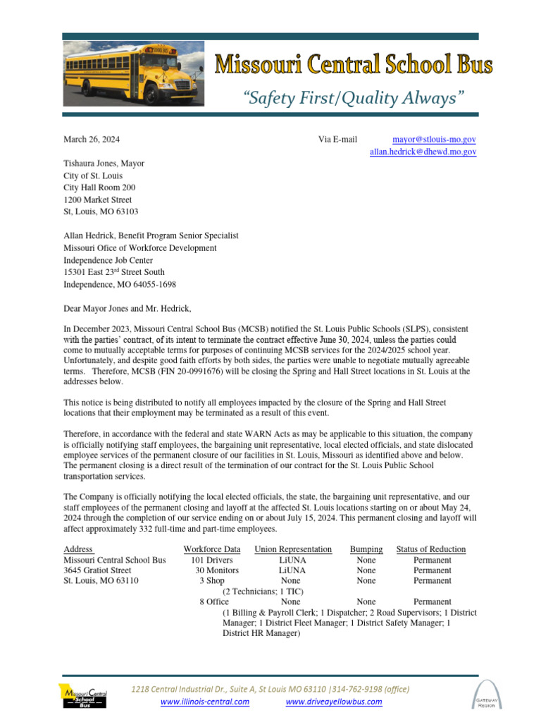 MIssouri Central School Bus (MCSB) WARN - St Louis | PDF | Employment ...