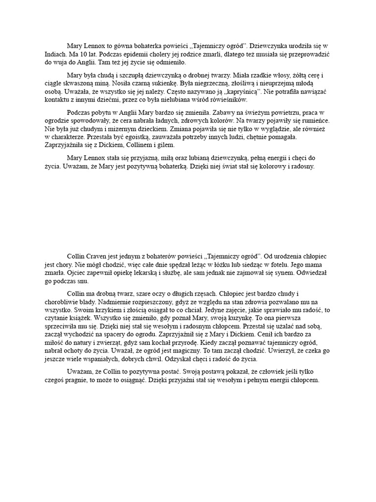 Charakterystyka Dicka Sowerby Z Książki Tajemniczy Ogród Charakterystyka Postaci Tajemniczy Ogród | PDF