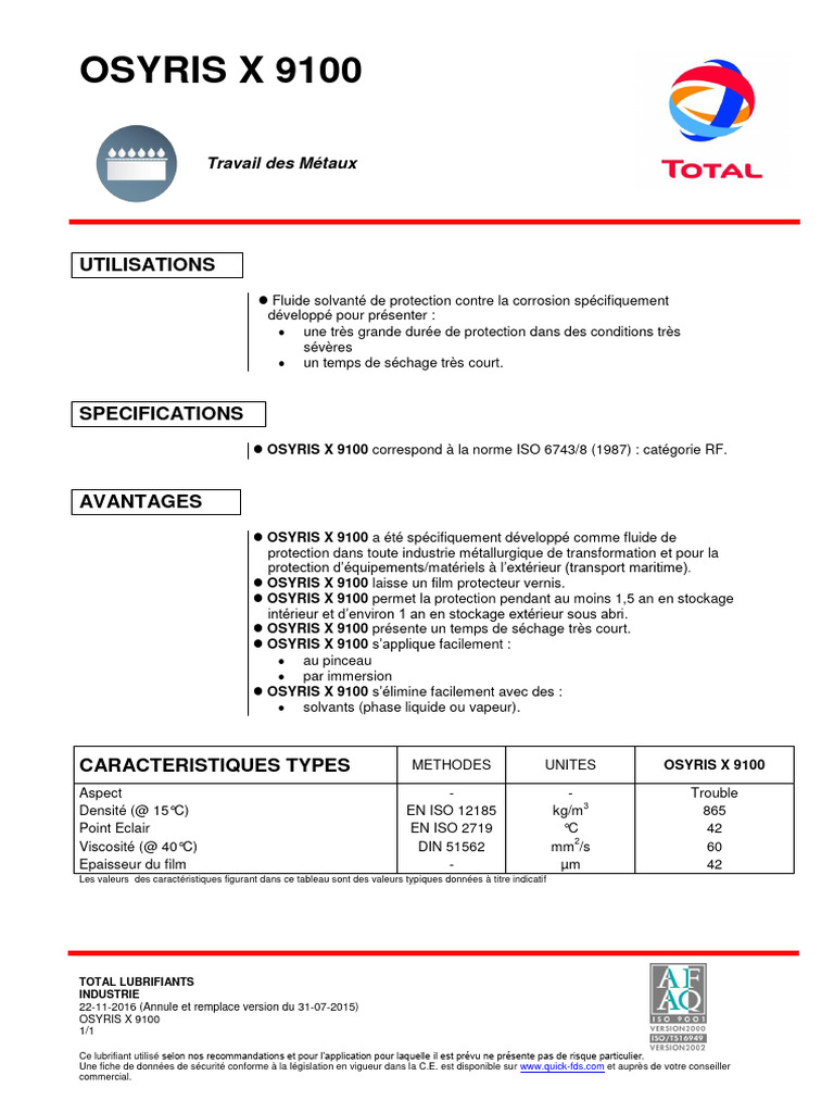 Lubrifiant OSYRIS X 9100 pour Métaux | PDF | Matériaux