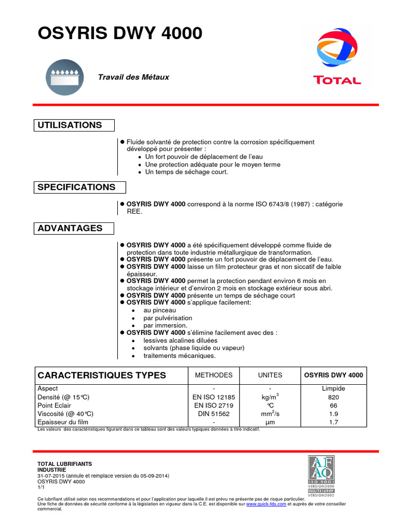 Lubrifiant OSYRIS DWY 4000 pour Métaux | PDF | Chimie | Substances ...