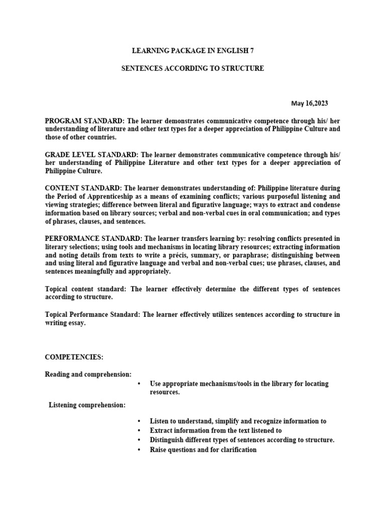 Learning package in english 7 sentences according to structure pdf