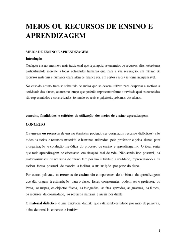 Meios Ou Recursos de Ensino e Aprendizagem | PDF