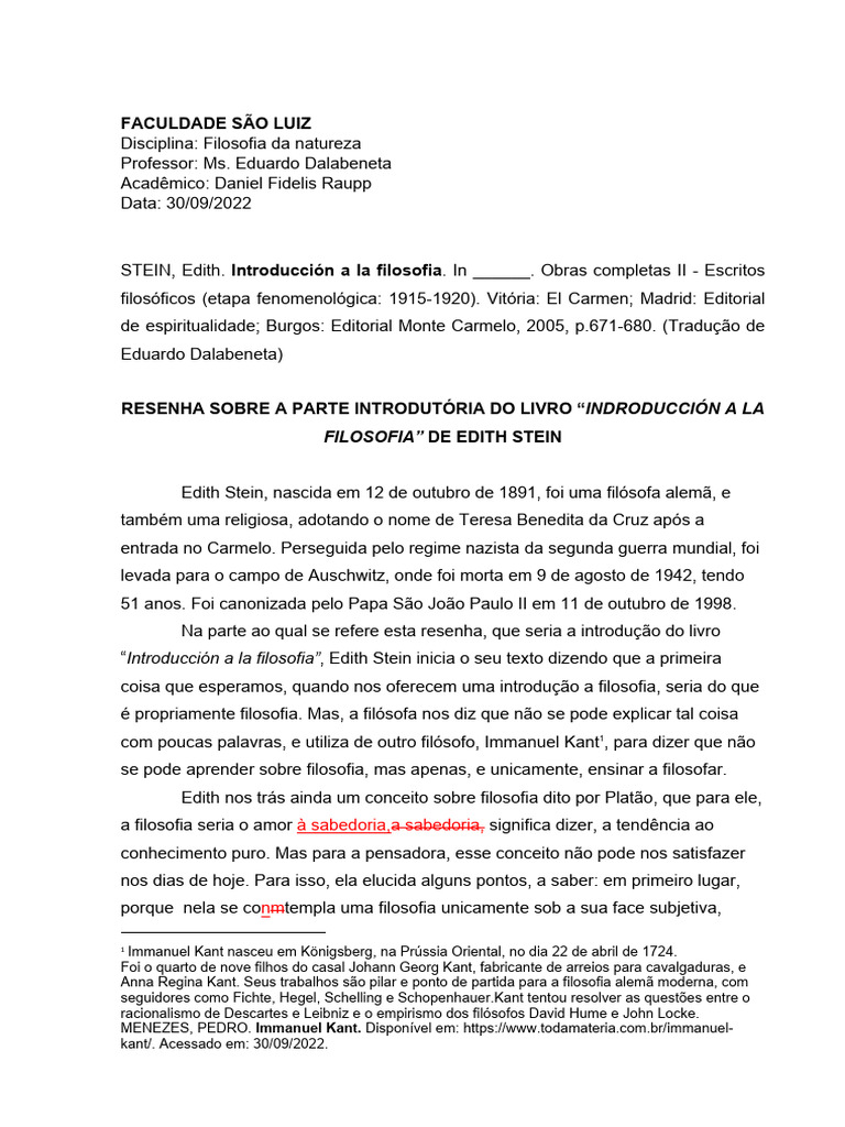 Resenha sobre Edith Stein e Filosofia | PDF | Immanuel Kant | Science