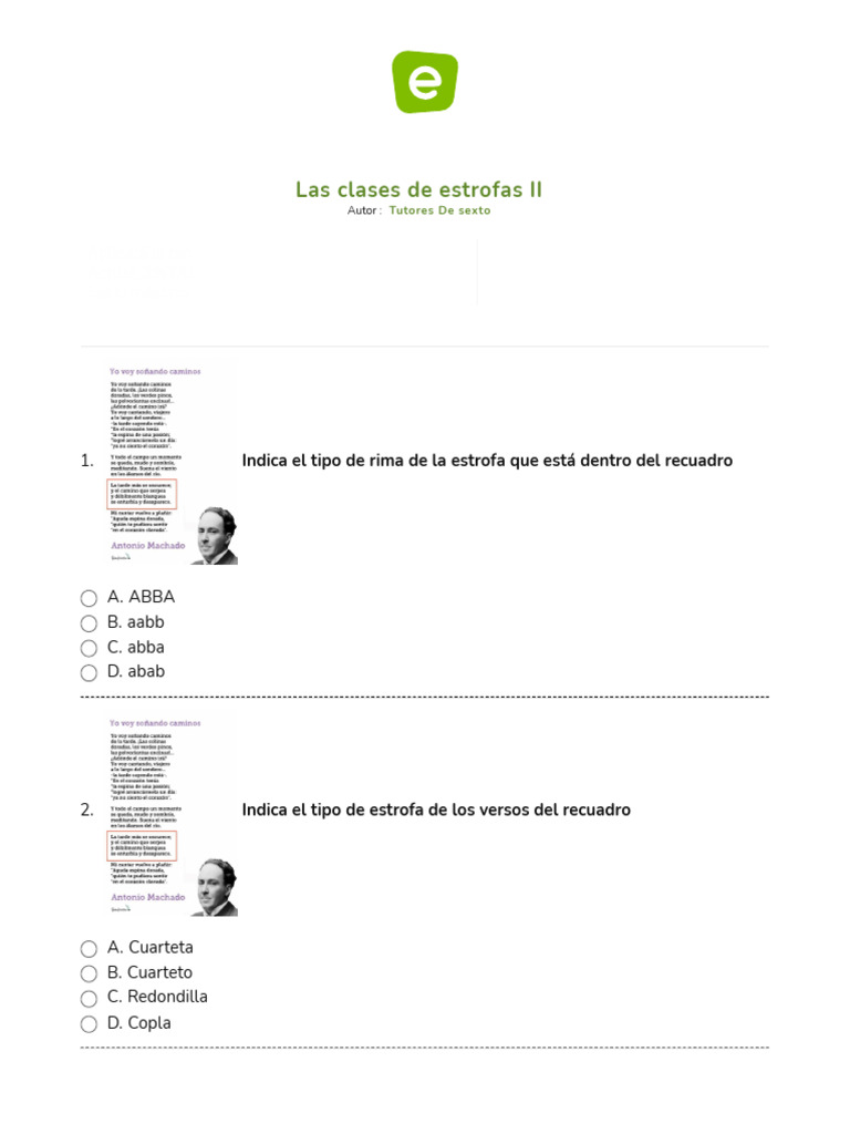 Las Clases de Estrofas II: Indica El Tipo de Rima de La Estrofa Que ...