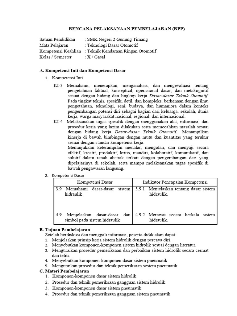 Rpp Dasar Dasar Sistem Hidrolik Dan Pneumatik Pdf