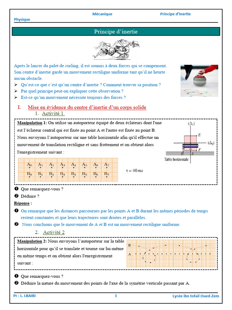 Principe d'Inertie et Centre d'Inertie | PDF | Centre d'inertie | Lois ...
