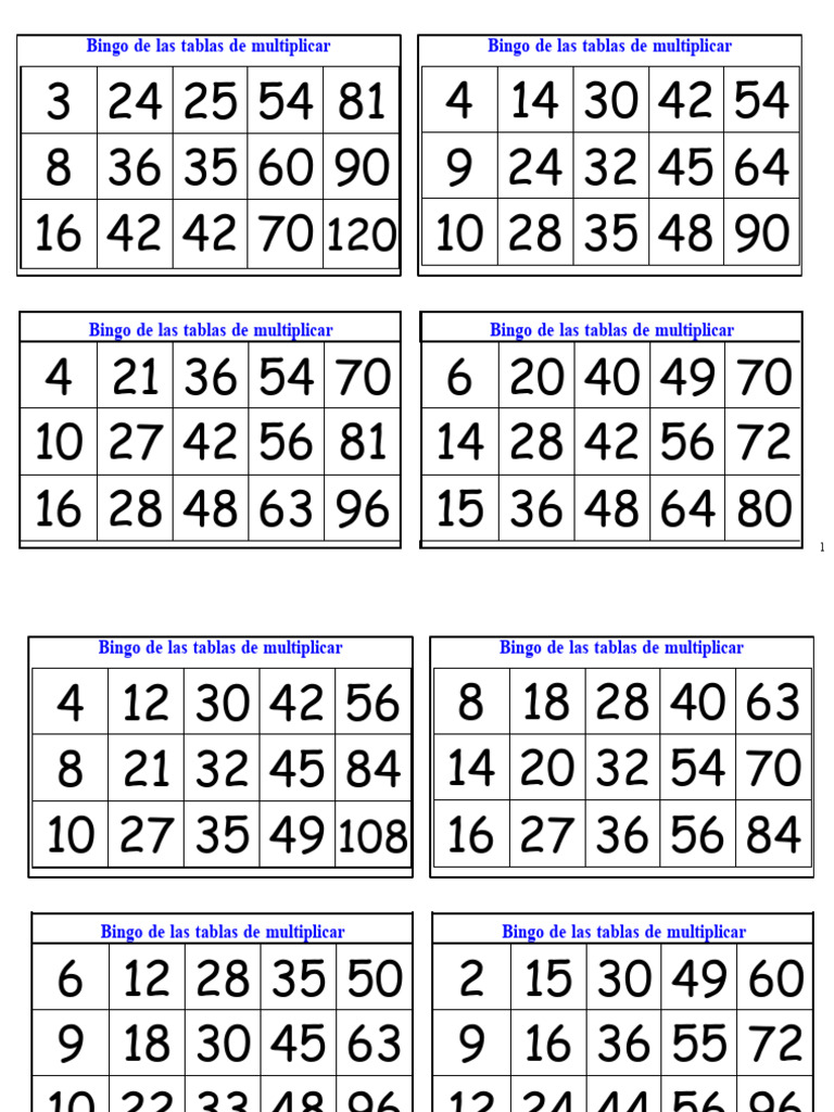 Bingo De Las Tablas De Multiplicar Cartones 2 Pdf