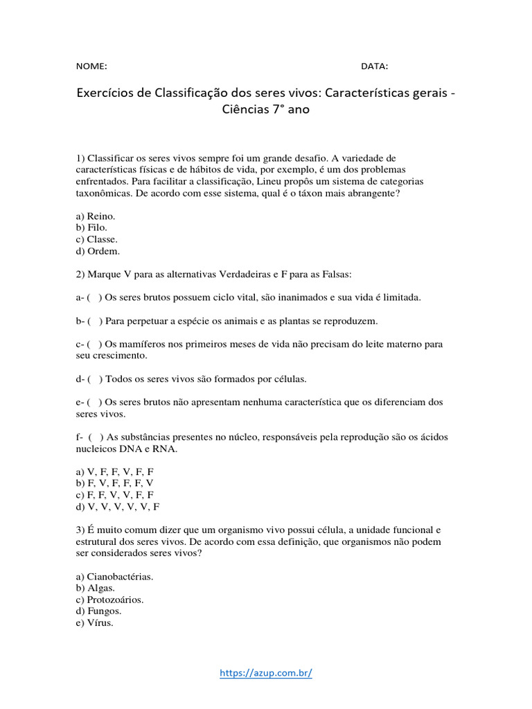Exercícios sobre Classificação dos Seres Vivos | PDF | Organismos | Vida