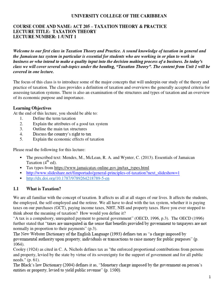 ACT 205 Tax Theory Practice Lecture 1 PDF Taxes Direct Tax