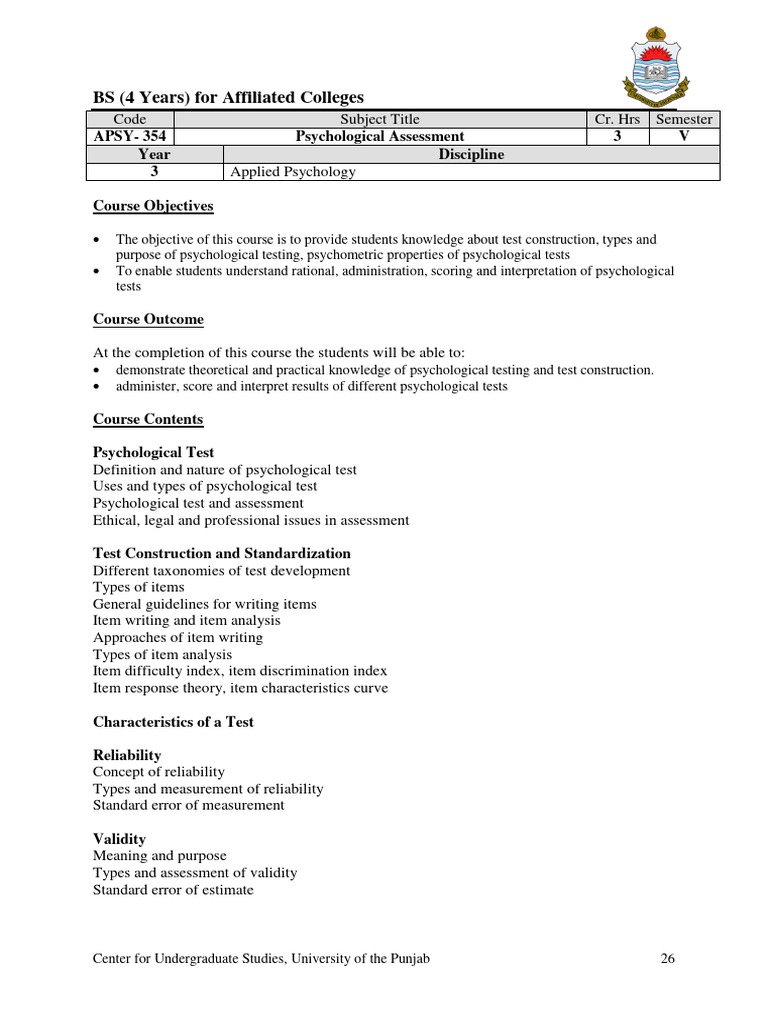 Psychological Assessment Course Overview | PDF | Psychological Testing ...