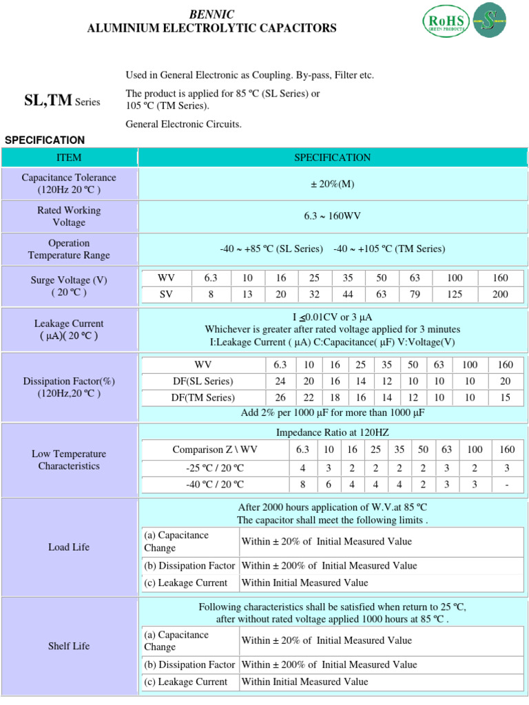 Bennic (Radial Thru-Hole) SL-TM Series | PDF | Capacitor | Electrical ...