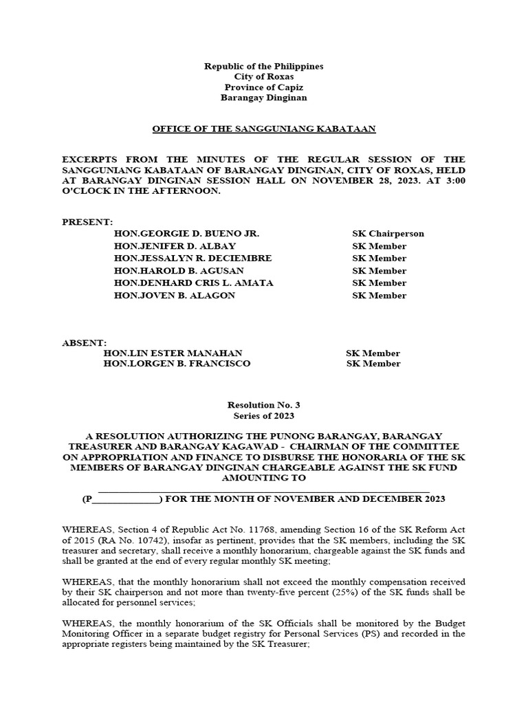 SK Honorarium Disbursement Resolution | PDF | Government