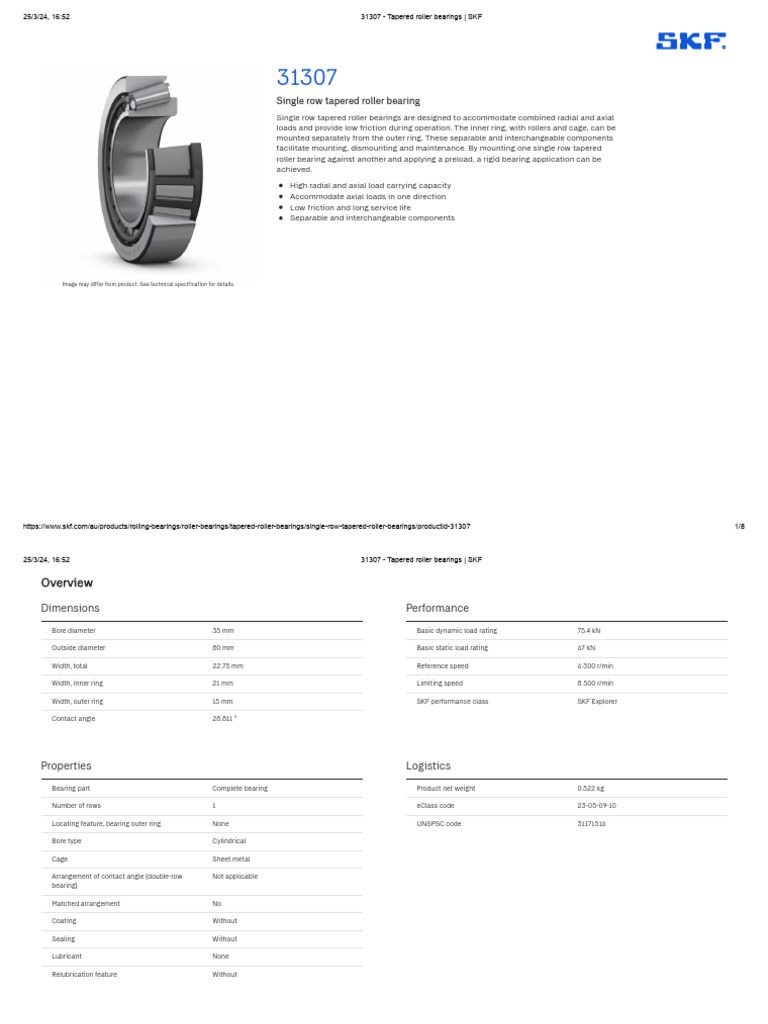 31307 Tapered Roller Bearing Specs | PDF | Bearing (Mechanical) | License