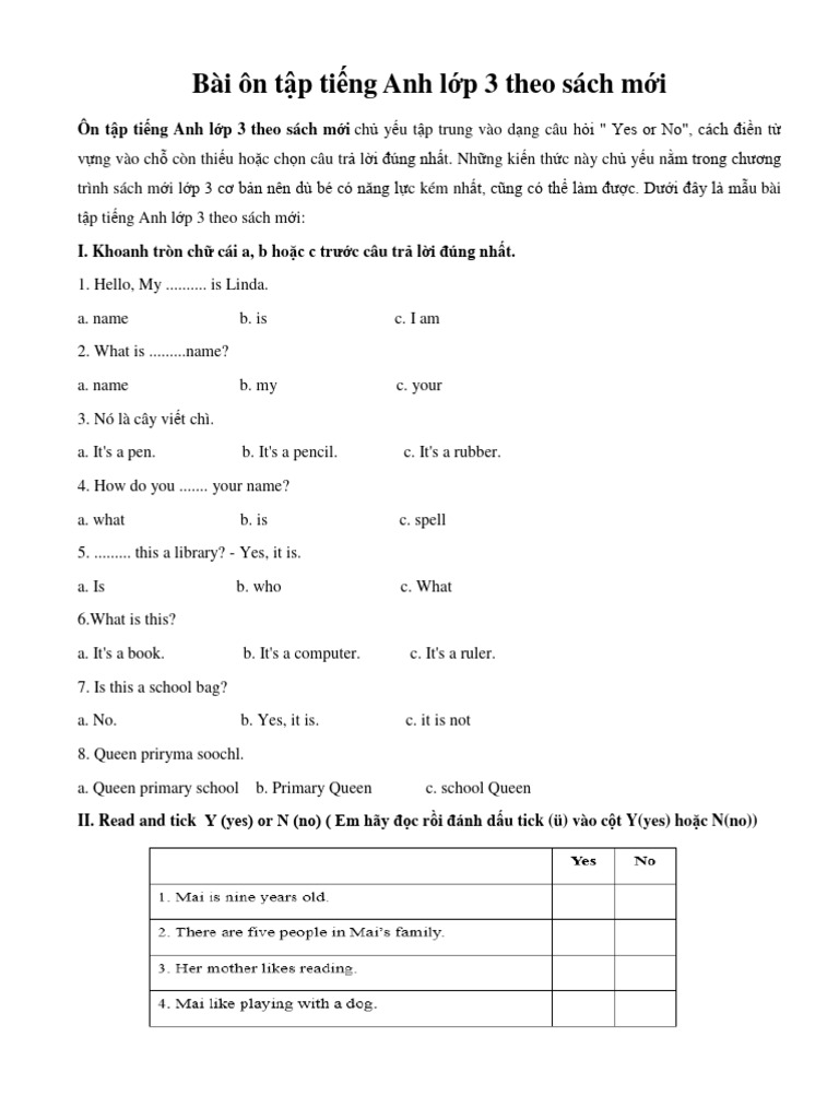 Bai On Tap Tieng Anh Lop 3 Theo Sach Moi | PDF