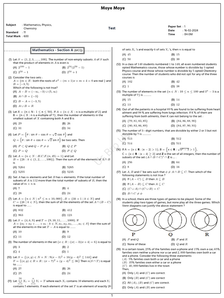 11th Grade Math Test Paper Set 1 | PDF | Acceleration | Velocity