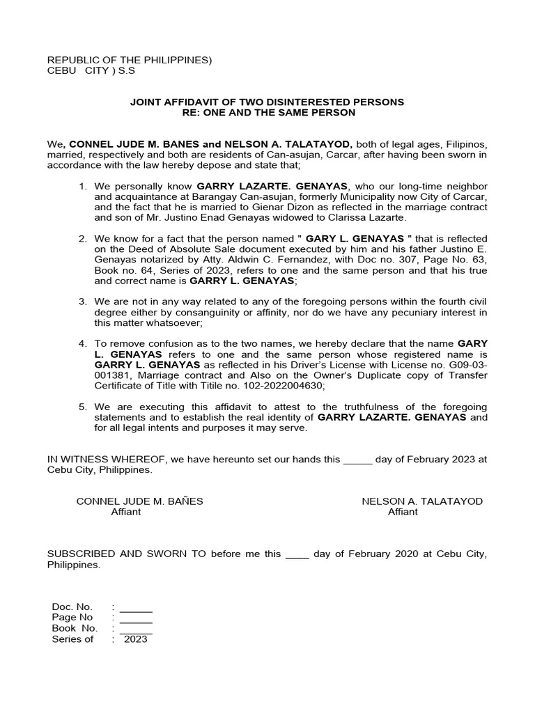Affidavit of Two Disinterested Person | PDF | Affidavit | Evidence