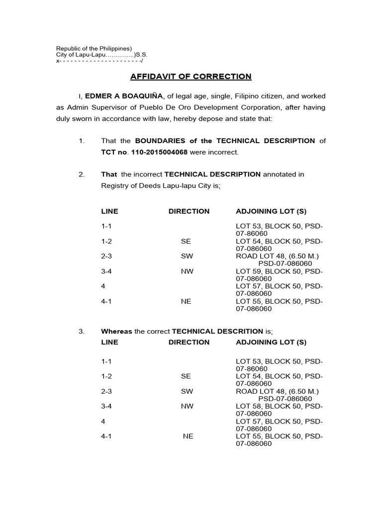 Affidavit of Correction for TCT No. 110-2015004068 | PDF | Affidavit ...