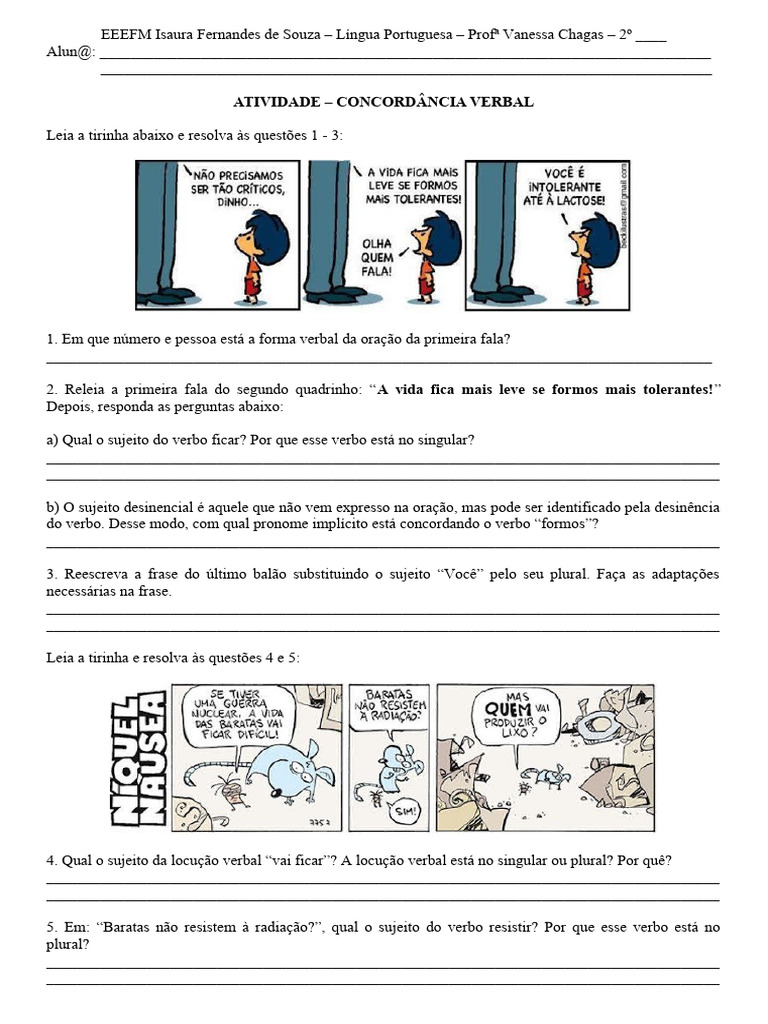 Atividade de Concordância Verbal 5º Ano | PDF | Assunto (gramática ...