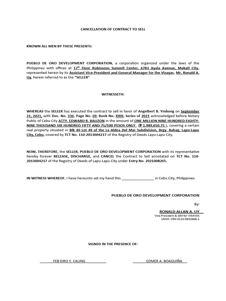 Cancellation of contract to sell pdf common law civil law common