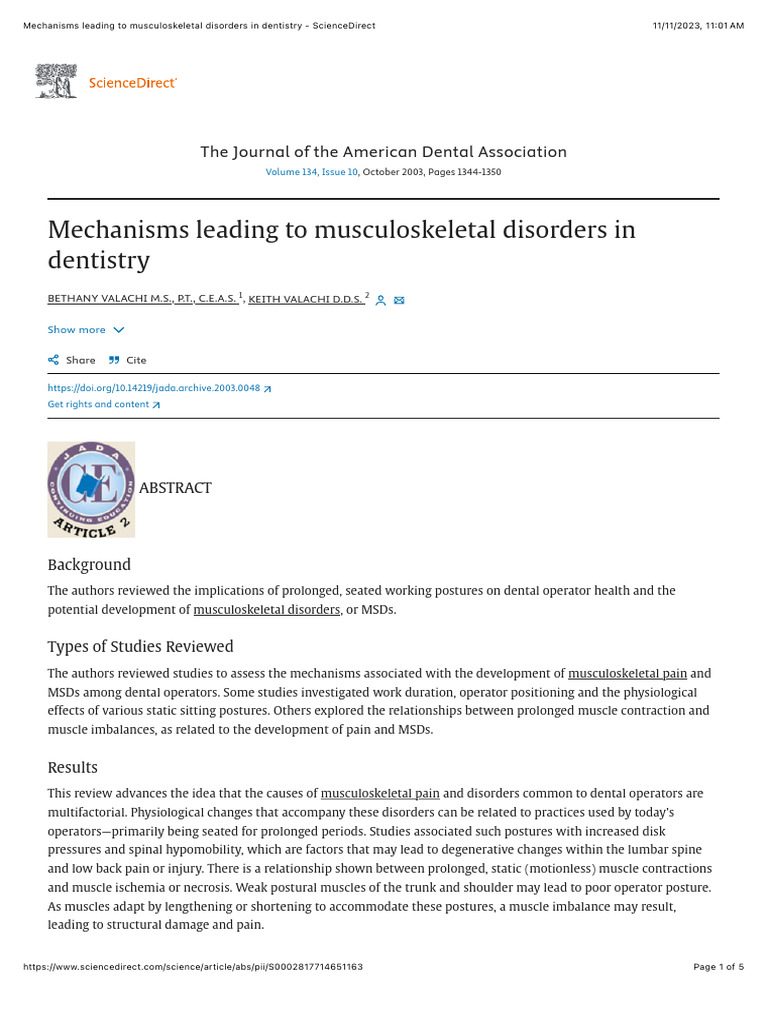 Musculoskeletal Disorders in Dentistry | PDF | Vertebral Column ...
