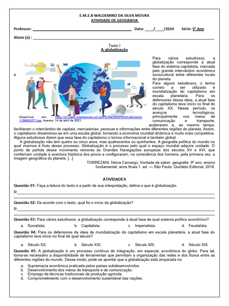 Atividade de Geografia: Globalização 9º Ano | PDF | Globalização | Economia