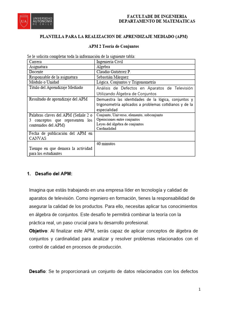 Álgebra de Conjuntos en TV: APM 2 | PDF | Matemáticas | Conjunto ...