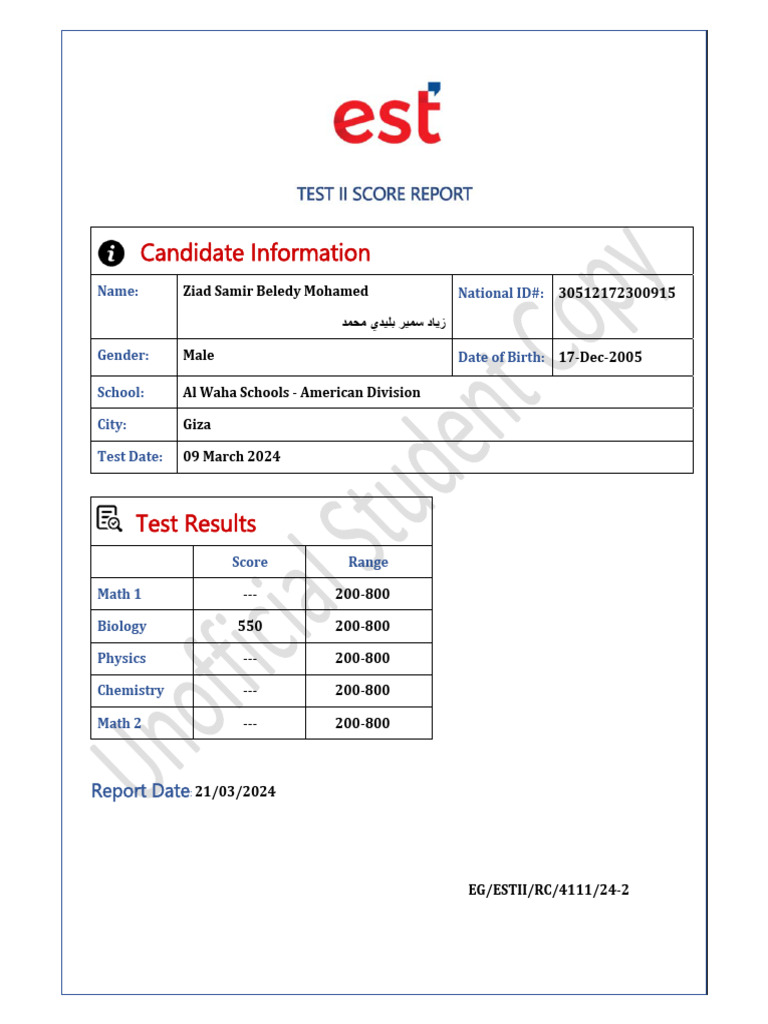 EST II Biology Score Report 2024 | PDF