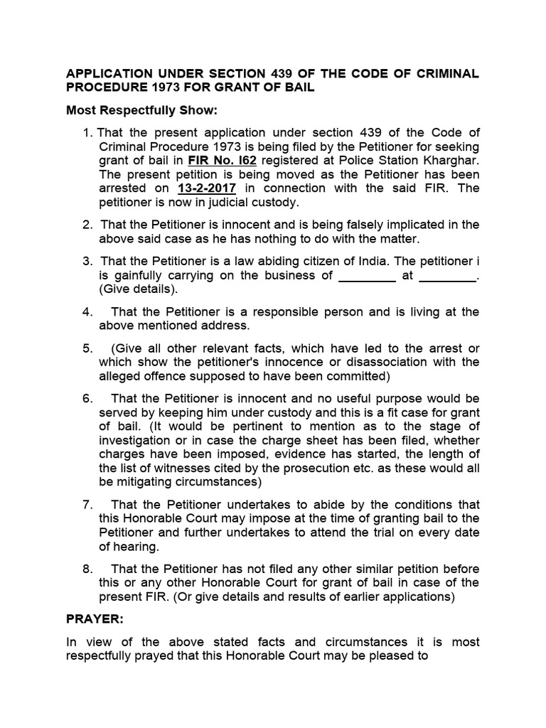 Application under section 439 of the code of criminal procedure 1973