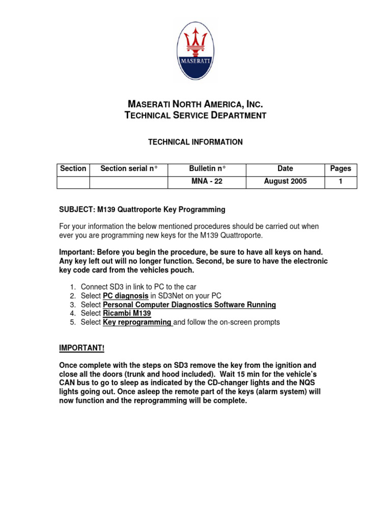 Maserati Bulletin MNA-22 Quattroporte M139 Key Programming Procedure | PDF