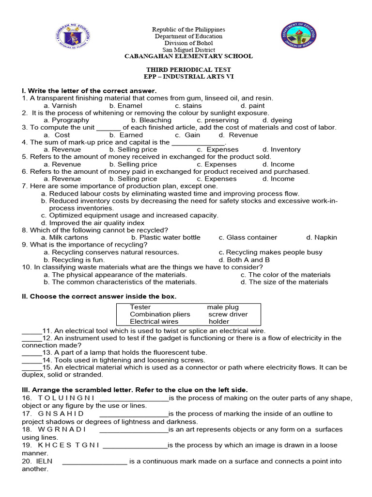 Grade 6 EPP Industrial Arts Test | PDF | Product (Business) | Recycling