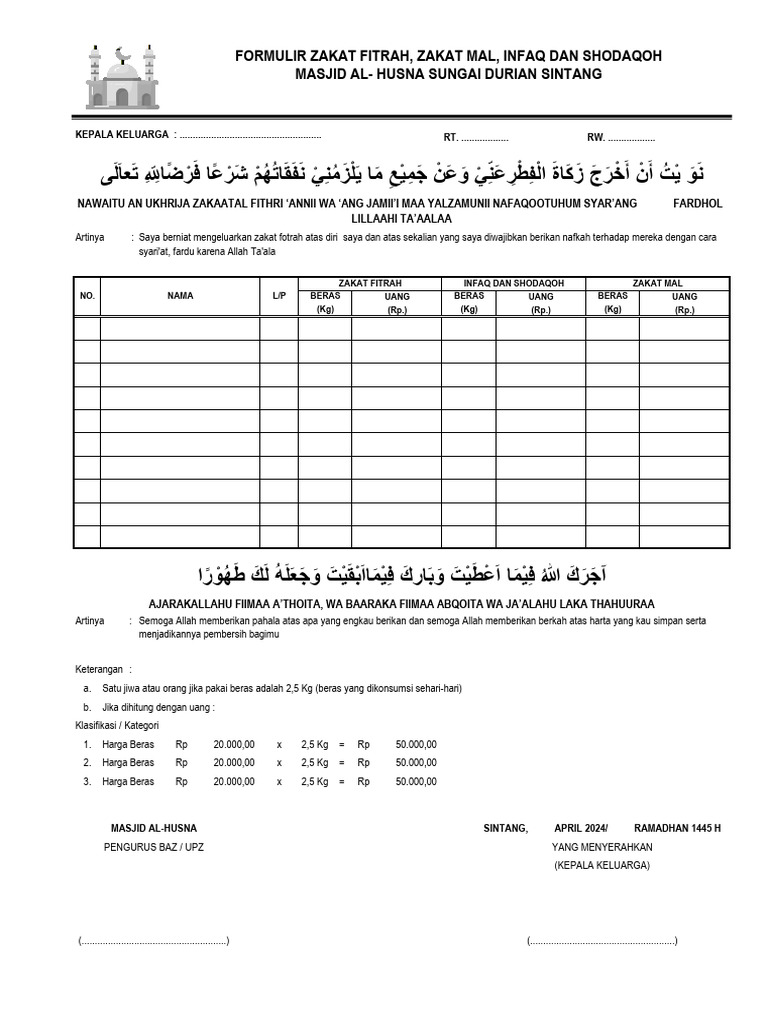 Formulir Zakat Fitrah Masjid Al-Husna | PDF