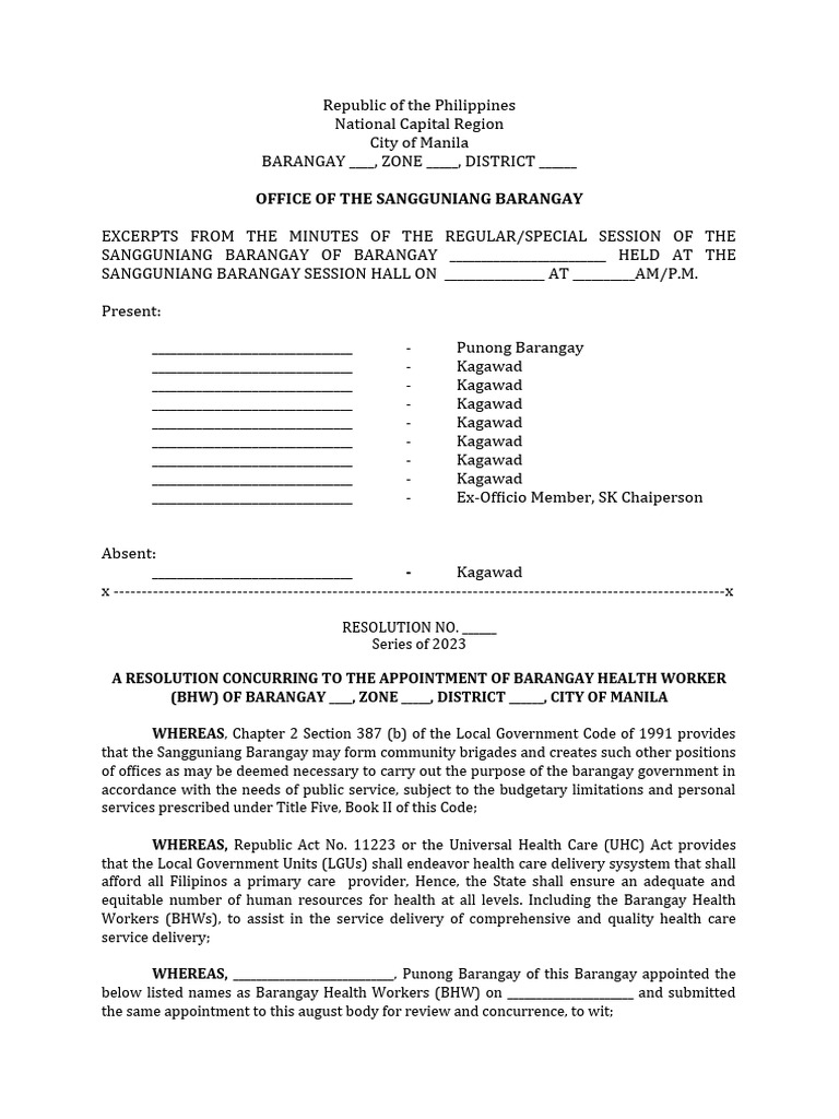 Resolution for Barangay Health Worker Appointment | PDF | Government