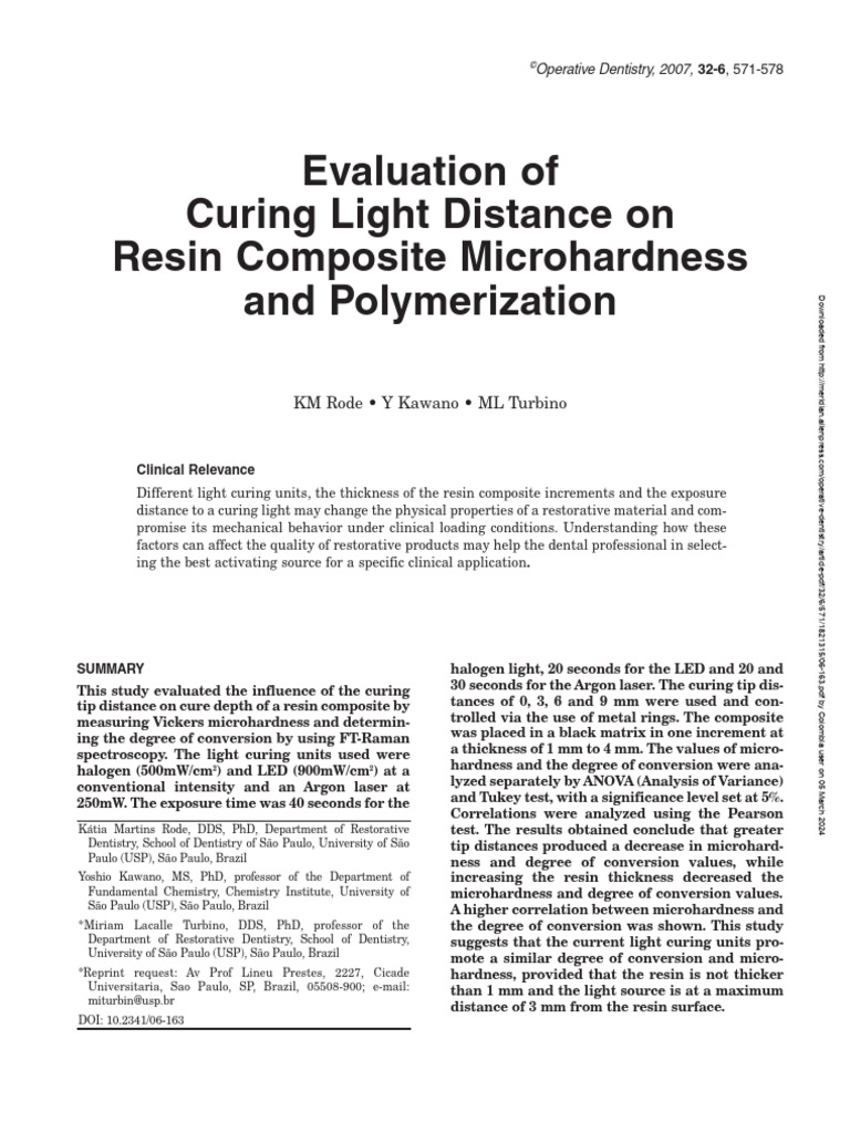 Rode 2007 Evaluation of Curing Light Distance On Resin Composite