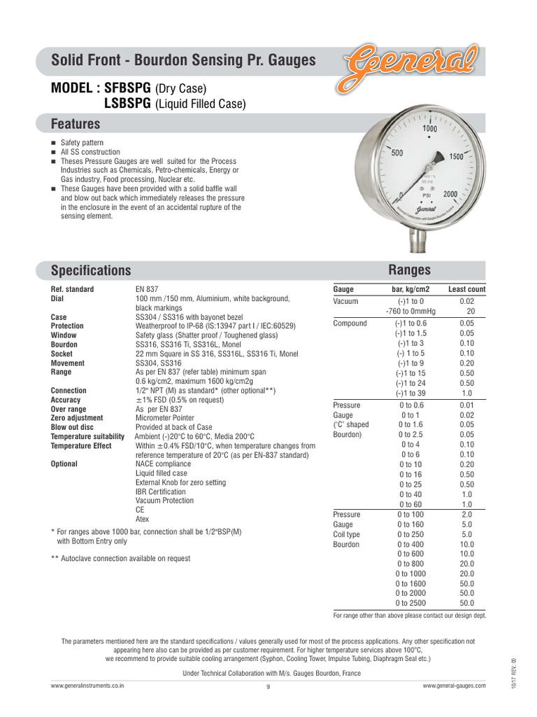 GIC Pressure Gauge Specifications | PDF | Pressure | Pressure Measurement