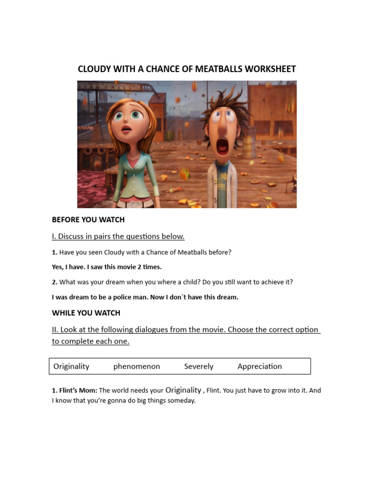 Cloudy With A Chance of Meatballs Worksheet | PDF, image size:768x1024