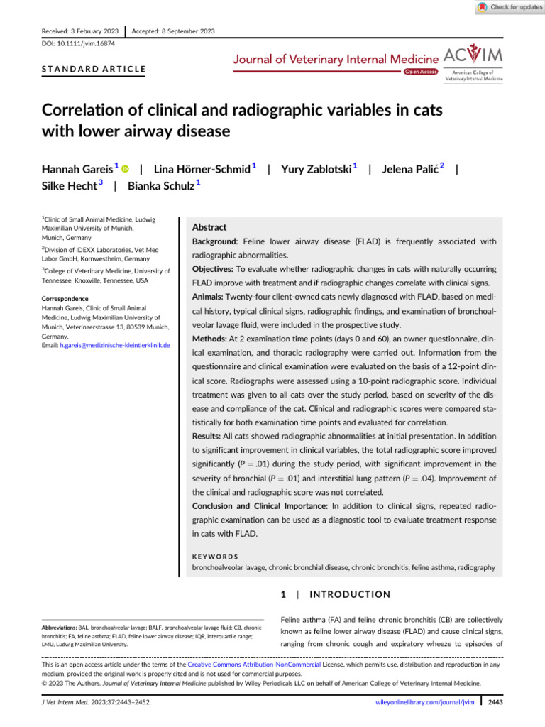 Veterinary Internal Medicne - 2023 - Gareis - Correlation of Clinical ...