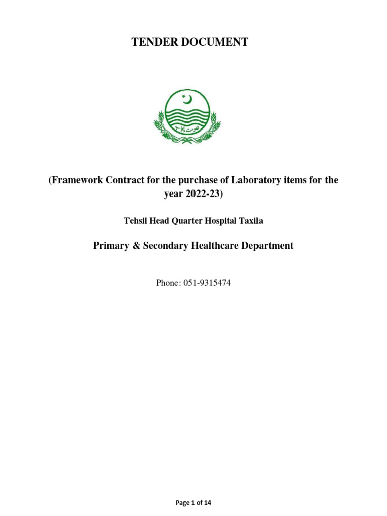 Taxila Hospital Lab Items Tender 2022-23 | PDF