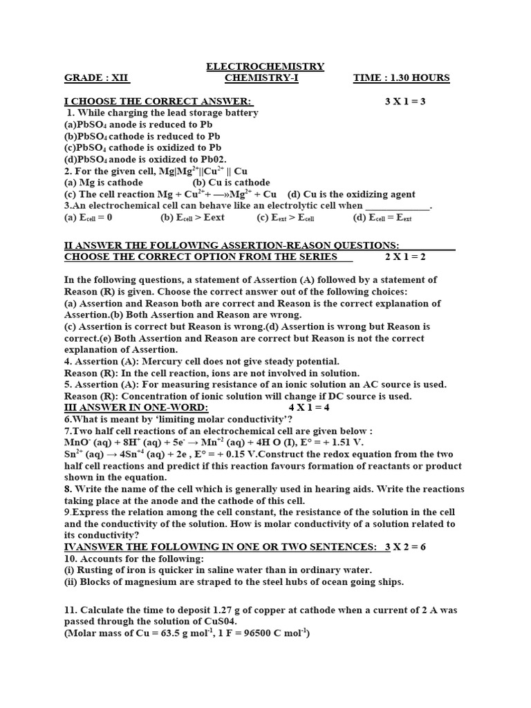 Electrochemistry Exam Questions and Answers | PDF | Electrochemistry ...