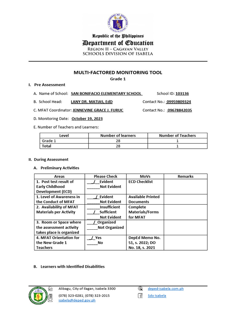 MFAT Assessment Overview for Grade 1 | PDF | Disability | Learning