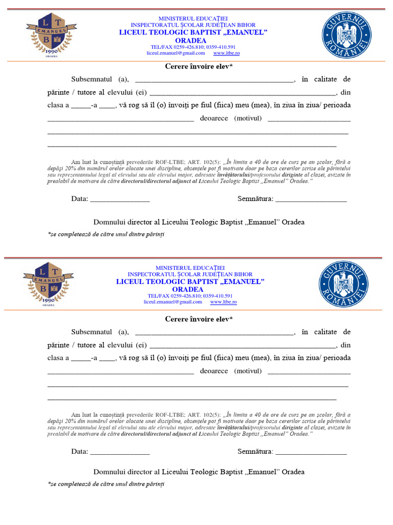 Cerere Invoire Elevi 2022-2023 - Copie | PDF