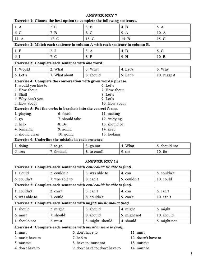 Answer Key for Language Exercises | PDF | Sentence (Linguistics ...