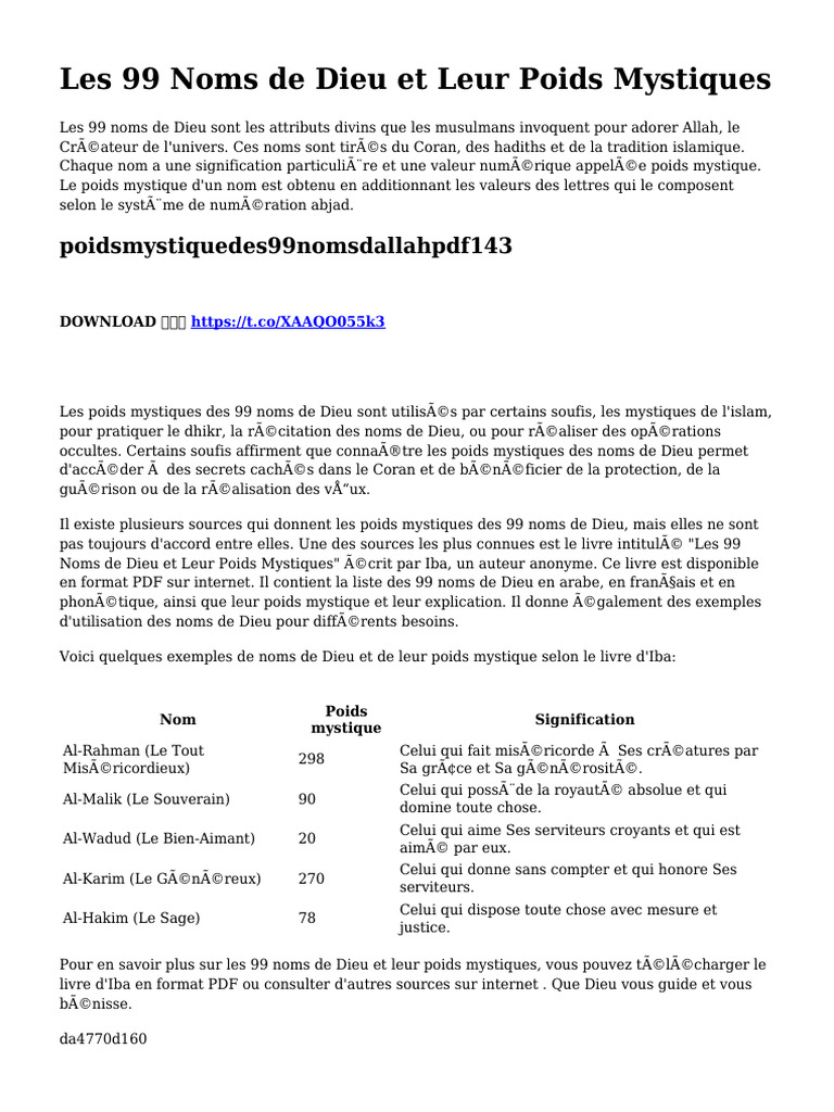 Les 99 Noms de Dieu Et Leur Poids Mystiques ...