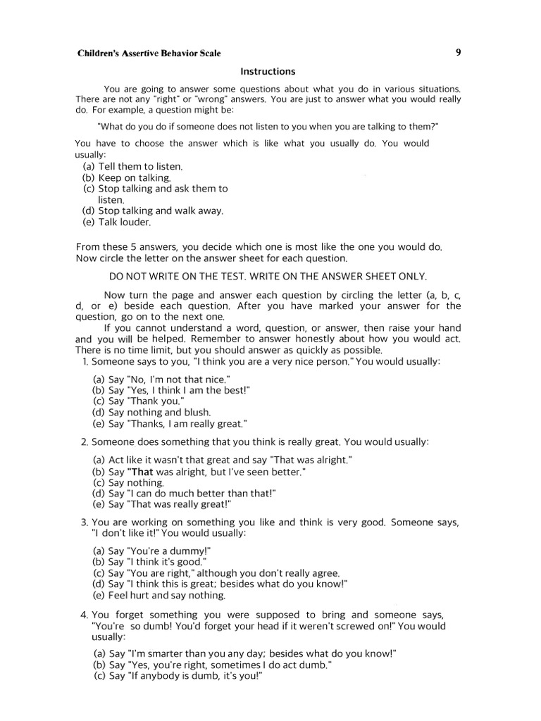 Children's Assertive Behavior Scale | PDF | Question