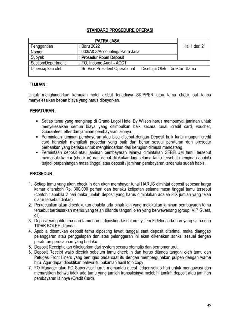 SOP-3 Prosedur Room Deposit | PDF