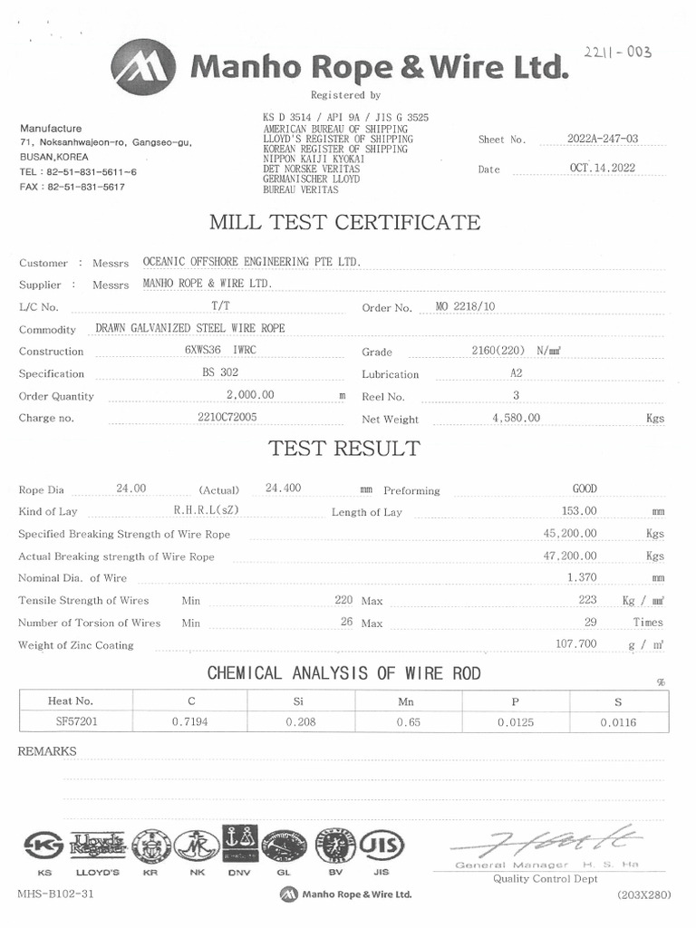 Wire Rope Cert 2211-003+R03+24MMX2000MTR+2E | PDF